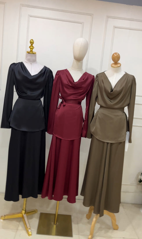 Cowl Neck Waist Rope Tie Tops With Long Skirts Sets